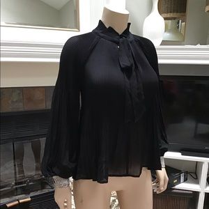 RHINESTONE sheer black tie pussybow neck blouse